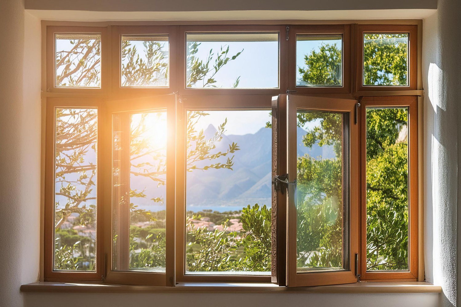 Une fenêtre avec le soleil qui brille à travers elle